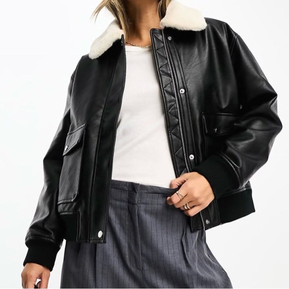 Abercrombie & Fitch Black Vegan Leather Bomber Jacket with Cream Collar